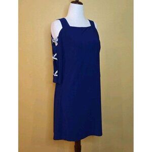 MSK Petite Rhinestone Strap Dress Navy Blue Large Open Sleeve Cold Shoulder 3/4‎